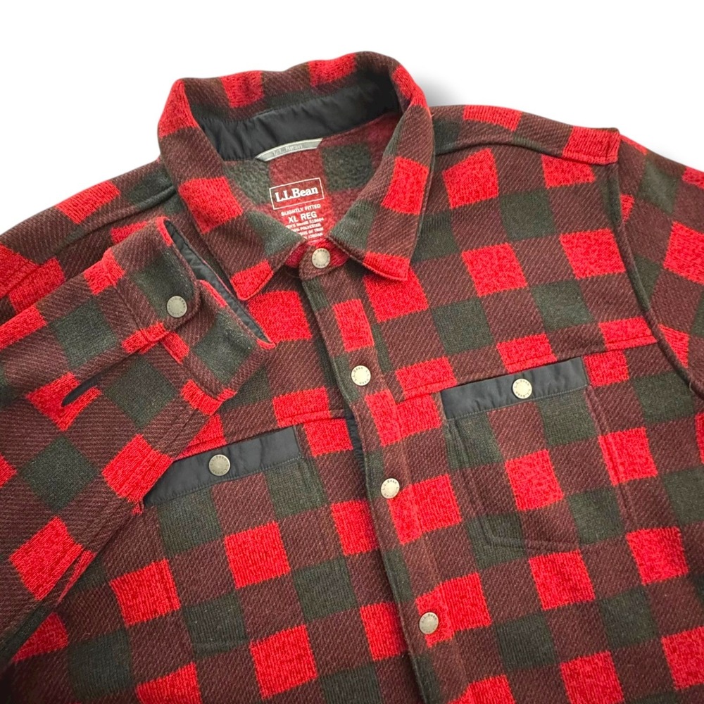 LL Bean Shirt Jacket Mens XL Red Black Buffalo‎ Plaid Sweater Fleece 515604